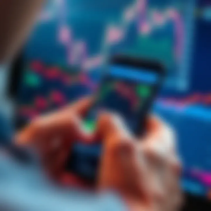 A person using a mobile app to trade cryptocurrencies, displaying charts and market data on the screen.