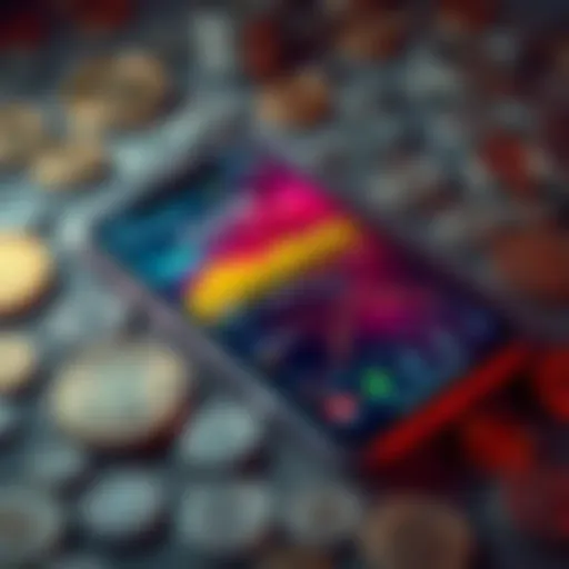 A smartphone displaying a multi-chain crypto trading app interface, highlighting its features, with a background of digital currency symbols.