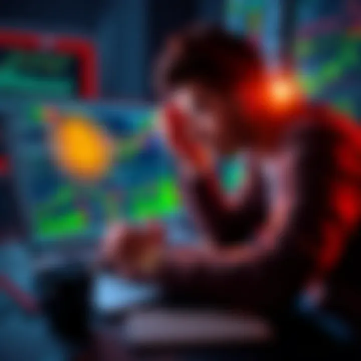 A person studying cryptocurrency charts and graphs on a laptop. They look focused while taking notes about trading strategies. Nearby, there are notebooks and a coffee cup.
