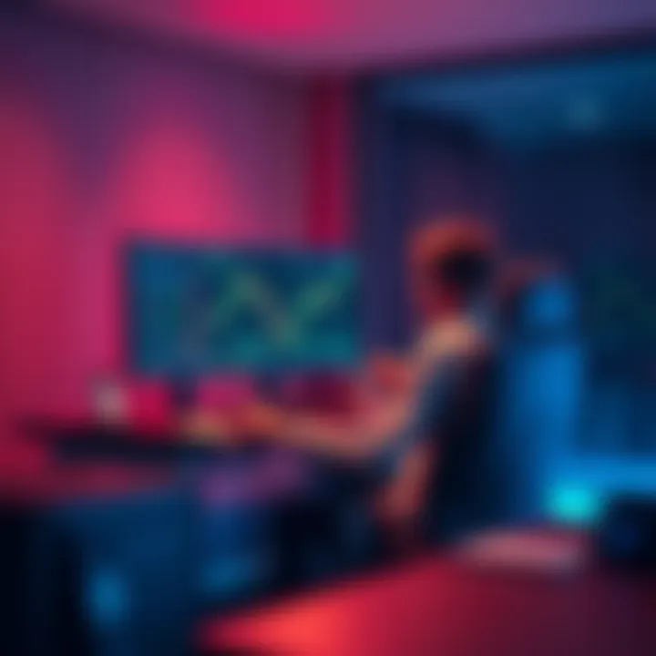 A person sitting at a desk working on a computer with charts and code on the screen, representing the development of a crypto trading bot.