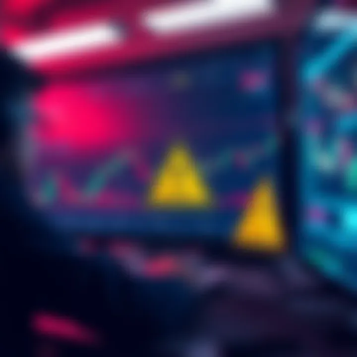 A trader reviewing crypto charts and warnings on a computer screen, with a caution sign visible.