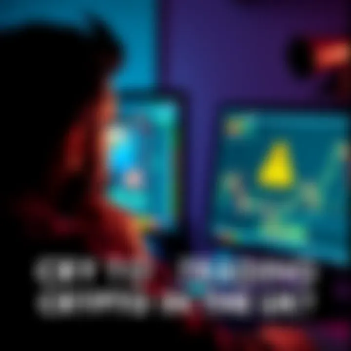 A frustrated person looking at a computer screen displaying a crypto trading platform with warning signs, representing issues in buying and trading crypto in the UK.