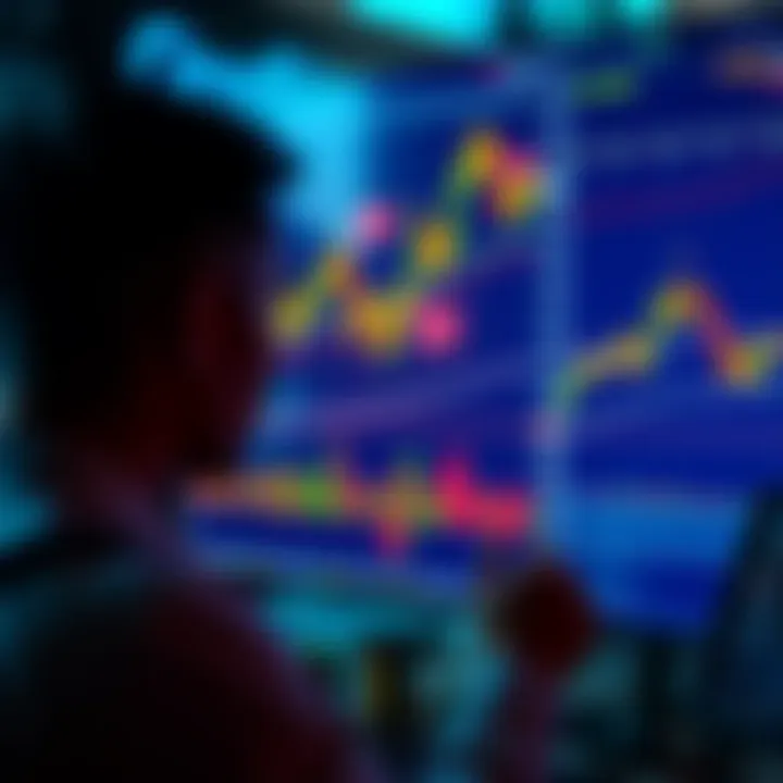 A trader analyzing cryptocurrency price movements on a screen with candlestick charts and indicators, reflecting ICT time theory concepts.