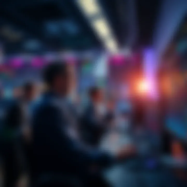 A group of traders analyzing charts on screens, focusing on spot tokens and futures contracts in a lively environment