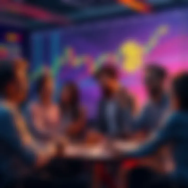 A group of people sharing trading tips on cryptocurrency and discussing scams in a lively setting, with digital charts and currency symbols in the background.