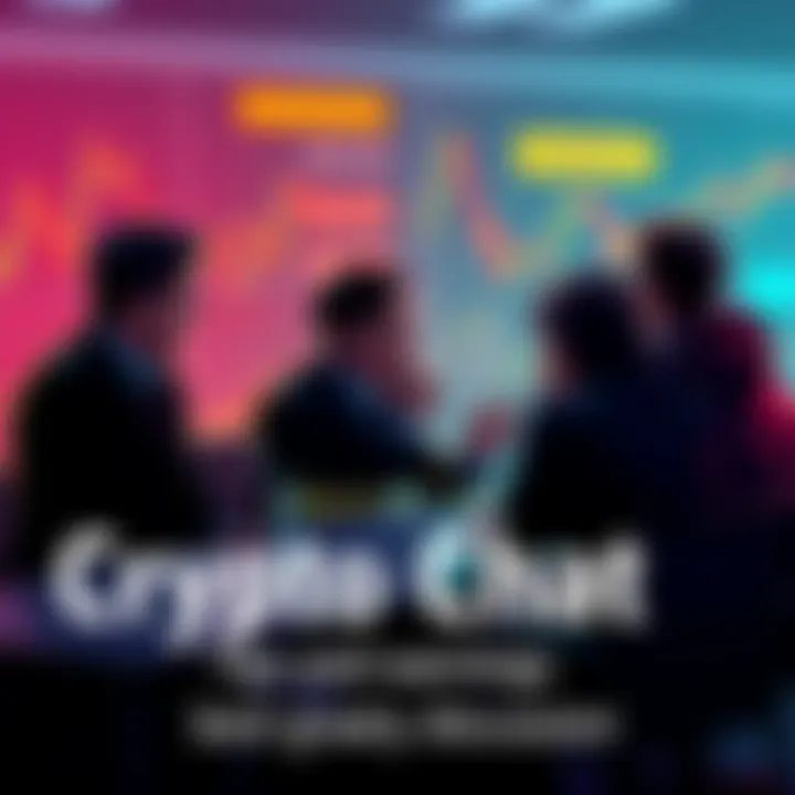 People engaging in a cryptocurrency trading discussion with charts and warnings visible