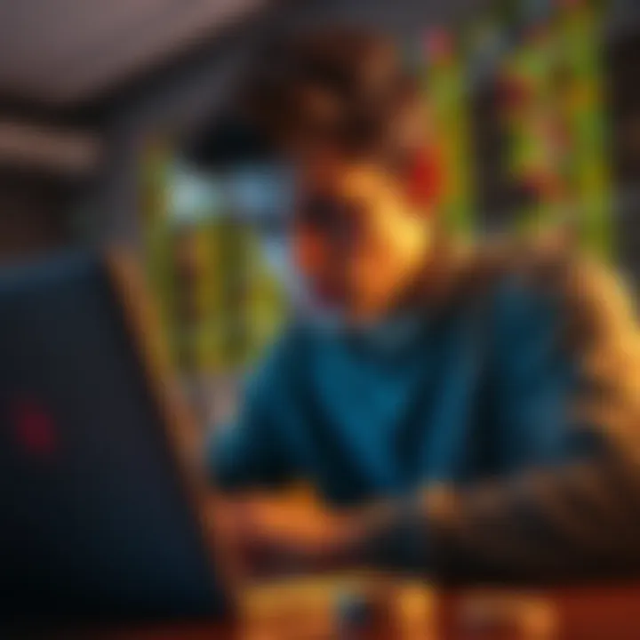 A 20-year-old examining cryptocurrency charts on a laptop with a thoughtful expression