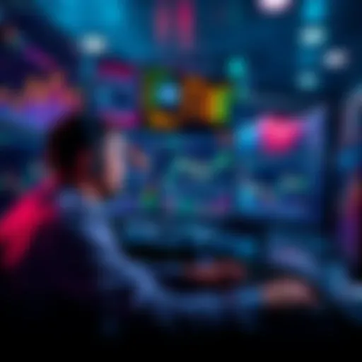 A trader analyzing cryptocurrency trends on multiple screens with graphs and data