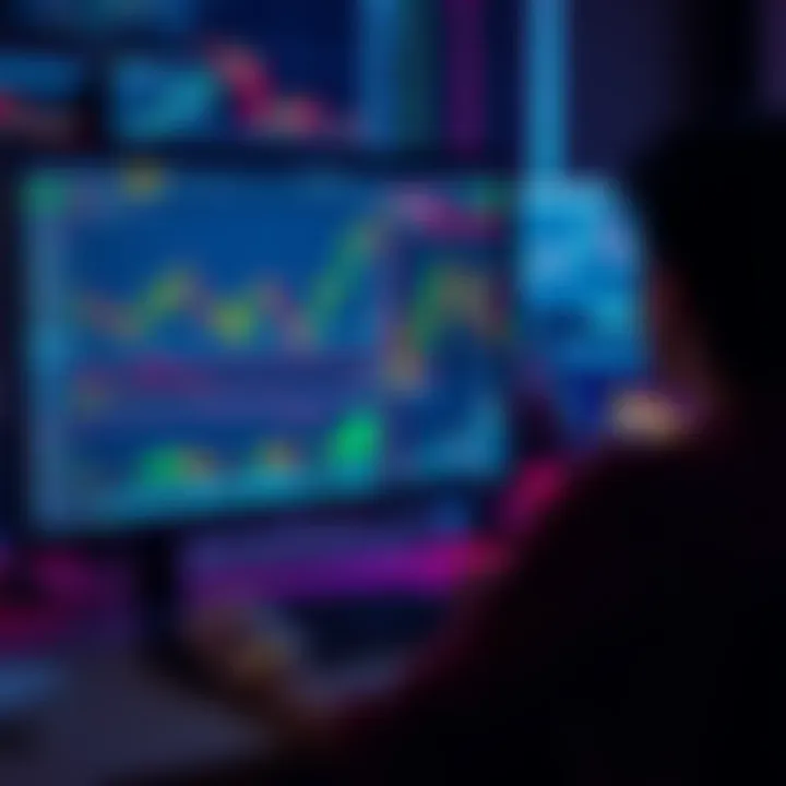 A person looking at a computer with cryptocurrency charts and graphics on the screen, contemplating a return to trading.