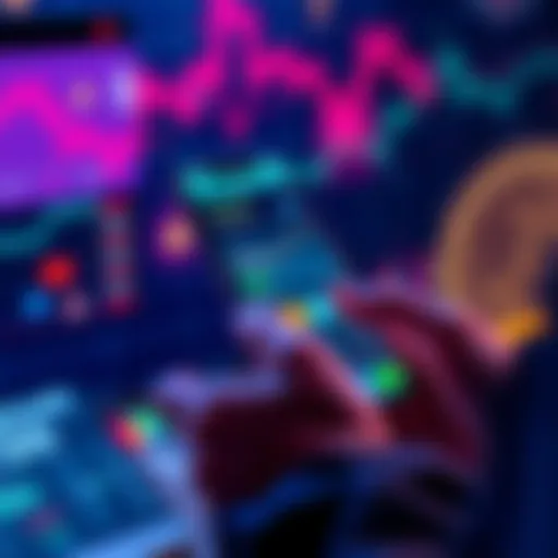 A person using a smartphone to trade cryptocurrency on the Revolut app, with a digital wallet and currency symbols in the background.