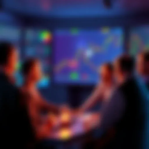 A group of people discussing cryptocurrency trading strategies, with charts and safety tips visible on a screen.