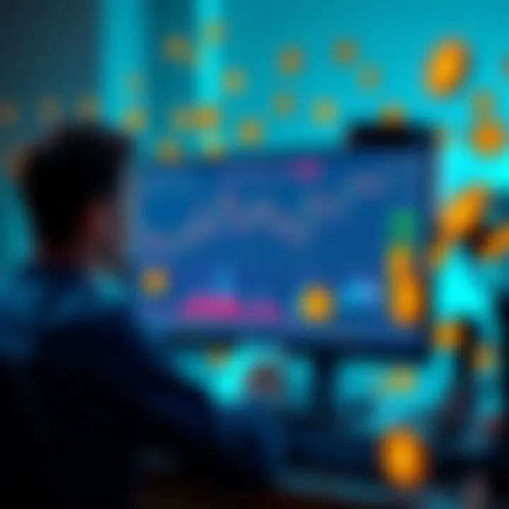 A trader analyzing charts and graphs on a computer screen, surrounded by cryptocurrency symbols.