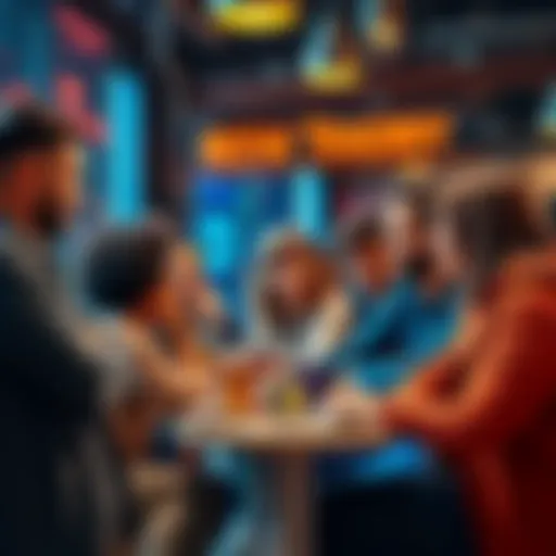 A group of diverse people sharing their experiences with successful cryptocurrency trading and earnings at a cafe.