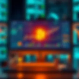 An illustration of various cryptocurrency trading tools and platforms displayed on a computer screen, showing charts and statistics.