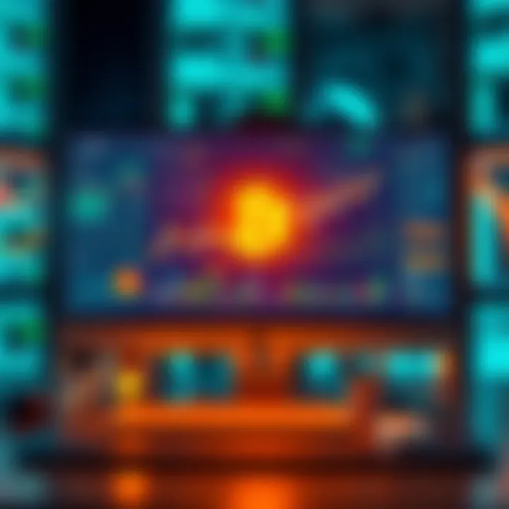 An illustration of various cryptocurrency trading tools and platforms displayed on a computer screen, showing charts and statistics.