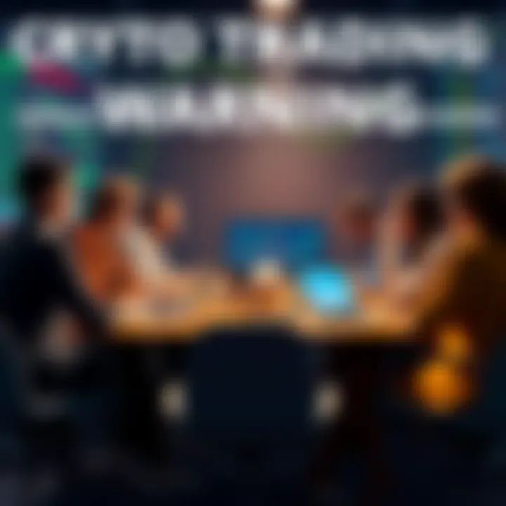 A group of traders discussing cryptocurrency safety tips at a table, with laptops and charts displayed.