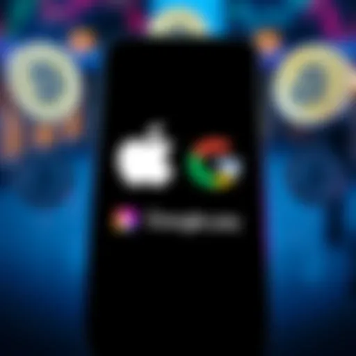 A smartphone screen displaying Apple Pay and Google Pay logos with cryptocurrency icons around it, symbolizing easy crypto transactions.