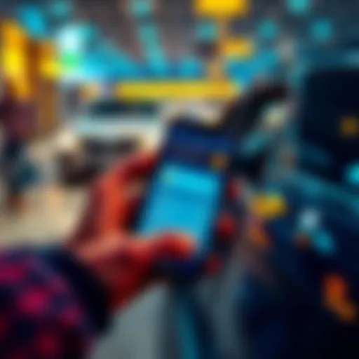 A person using a smartphone to buy a car with cryptocurrency, showing a digital wallet app.