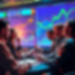 Group of people discussing cryptocurrency trends and insights with charts and graphs in the background