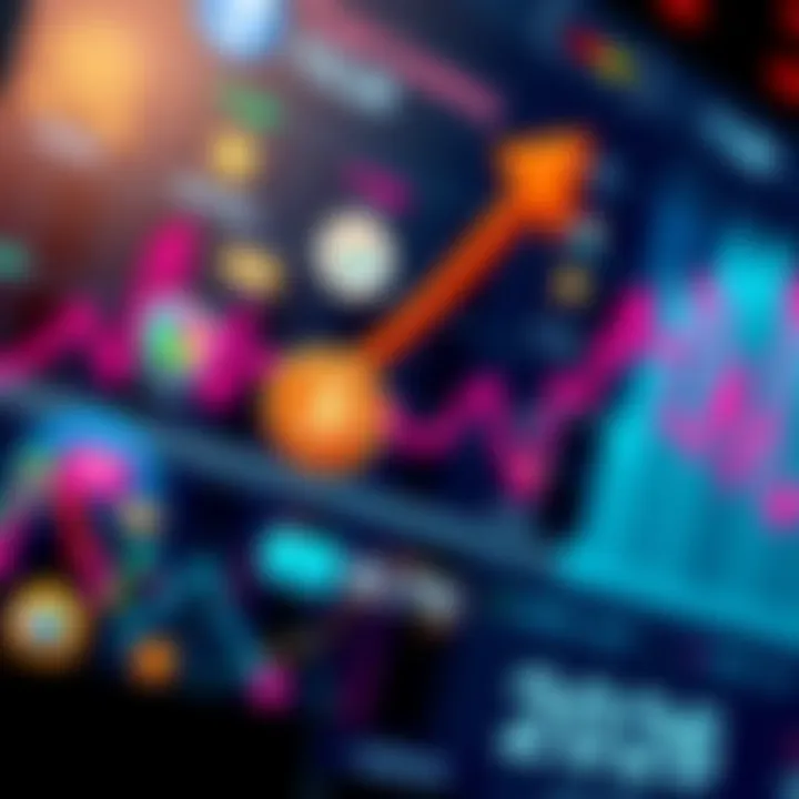 A graphic showing popular cryptocurrencies and market trends with arrows indicating shifts