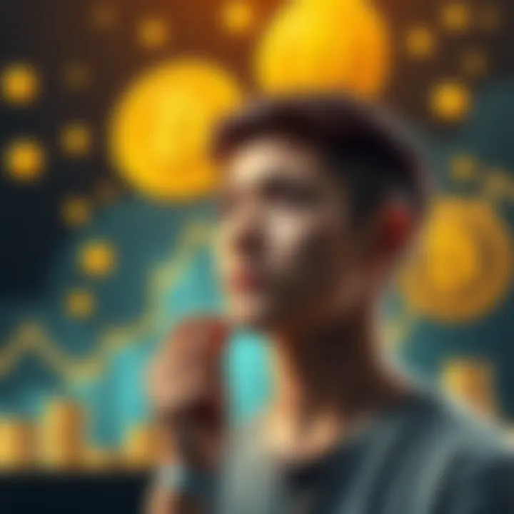 A young person contemplating investment options with symbols of cryptocurrency and gold in the background.