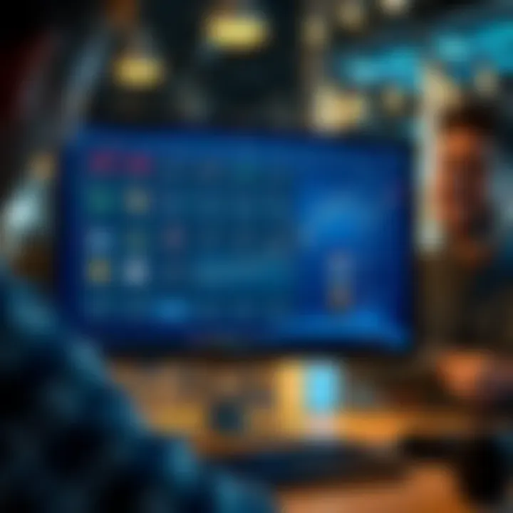 A modern cryptocurrency wallet interface on a computer screen displaying various digital currencies and trading options, with a user smiling in the background