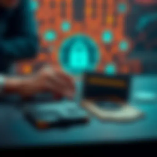 A person comparing different types of crypto wallets on a table, including hardware and mobile wallets, with security elements in the background