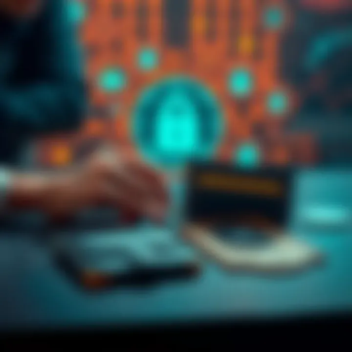 A person comparing different types of crypto wallets on a table, including hardware and mobile wallets, with security elements in the background