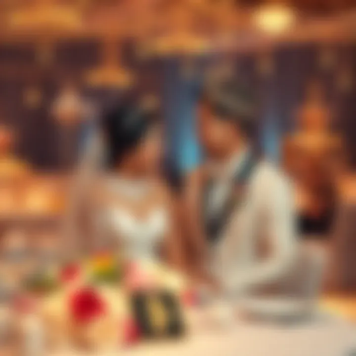 Crypto Wedding Theme A couple at a wedding with crypto-themed decorations, including digital assets and blockchain elements.