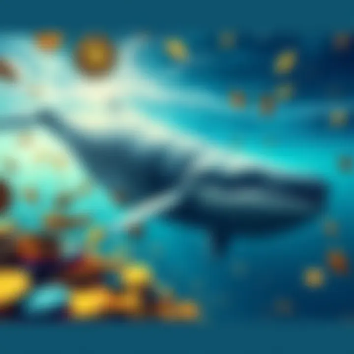 A large whale swimming among various cryptocurrency coins, representing long-term investment in crypto.