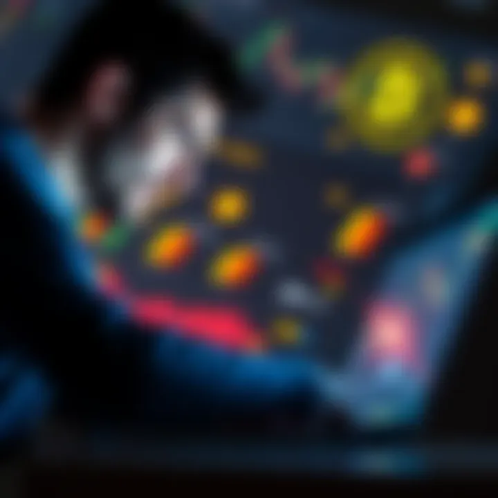 A person analyzing crypto charts and icons representing yield on a laptop, with concern on their face.