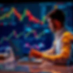 A person analyzing crypto yield platforms on a laptop with financial graphs and charts in the background