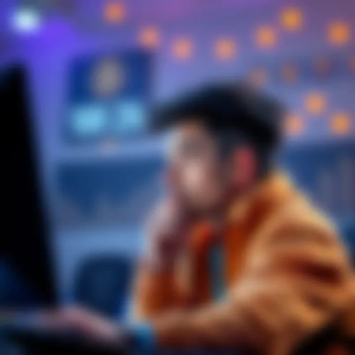 A young man looks thoughtful while sitting in front of his computer, showing regret over his recent spending decisions outside of Bitcoin.