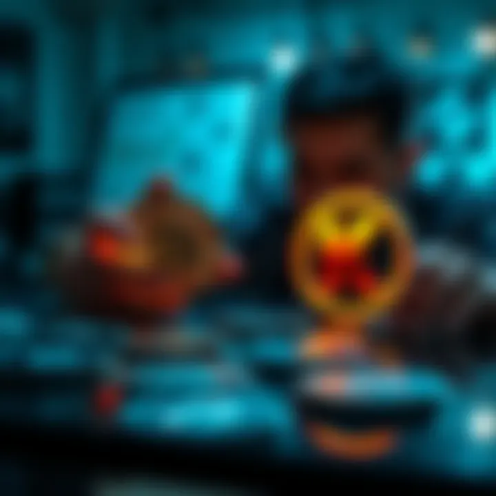 A person analyzing different cryptocurrency logos on a table, with a focus on QUBIC and Kaspa, highlighting the contrast between them.