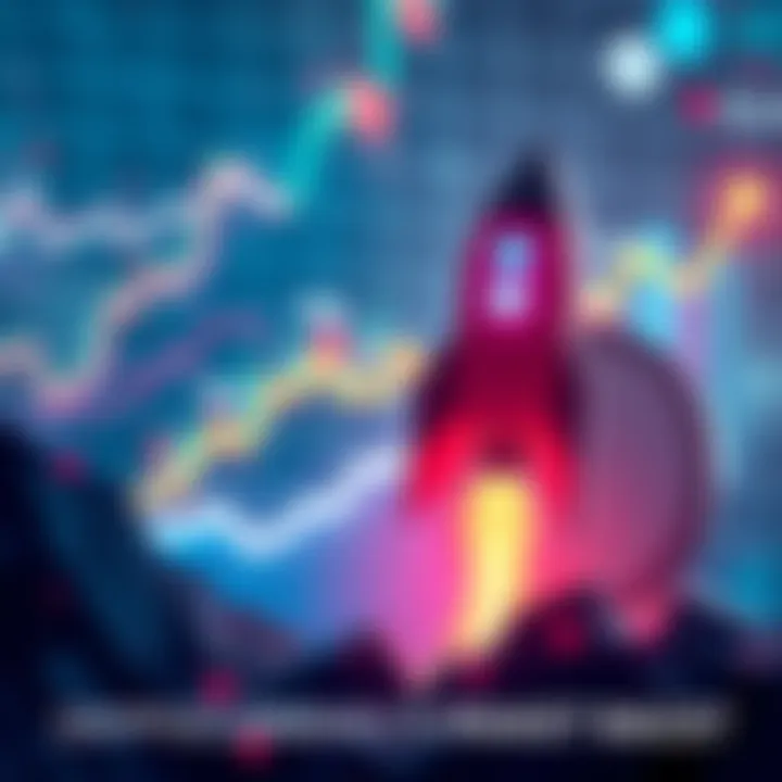 Graph showing rising cryptocurrency values with a rocket icon symbolizing growth