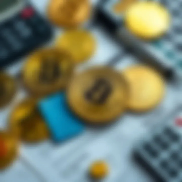 A visual representation of cryptocurrency coins with tax documents and calculators, illustrating the taxation process in the USA.