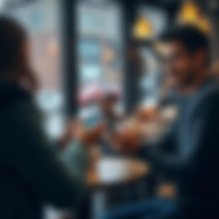 Two people exchanging digital currency on their smartphones in a coffee shop, illustrating peer-to-peer transactions.