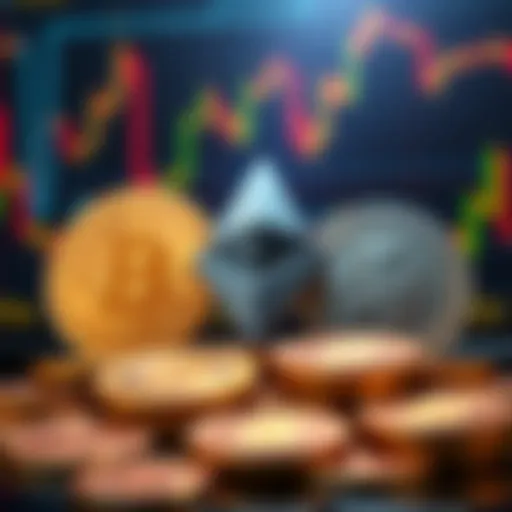A graphic showing Bitcoin, Ethereum, and Dogecoin symbols with investment charts in the background.