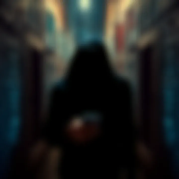 A dark alley with a shadowy figure holding a smartphone. The figure represents the rise of crime linked to cryptocurrency, including scams and kidnappings.