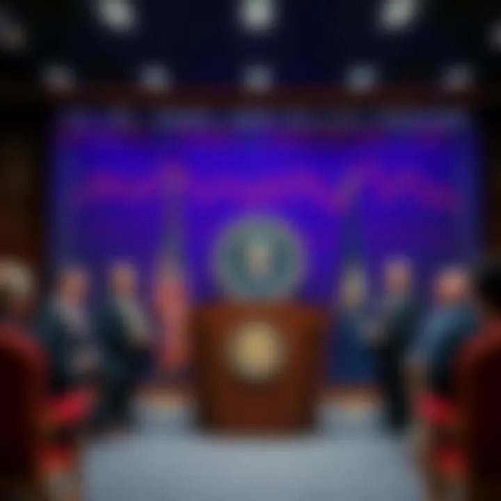 U.S. DOJ officials announcing the freezing of $580 million in cryptocurrency linked to scams, showcasing a press conference setting with financial charts in the background.