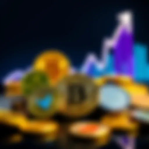 A group of coins representing various altcoins with a rising graph in the background symbolizing growth and investment potential.