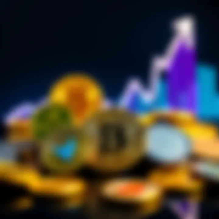 A group of coins representing various altcoins with a rising graph in the background symbolizing growth and investment potential.