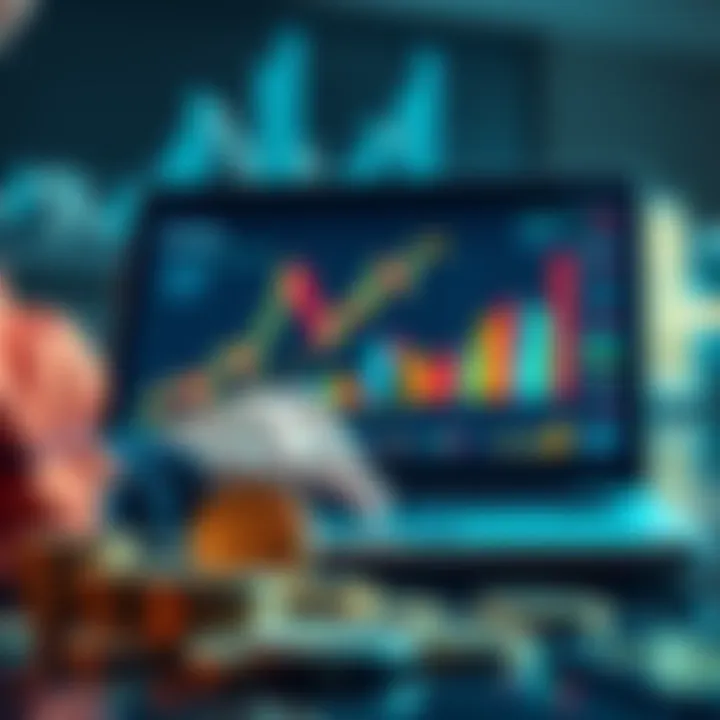 A person analyzing cryptocurrency charts on a laptop with coins in the foreground