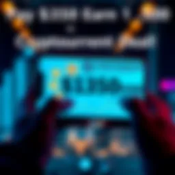 A person holds a smartphone displaying cryptocurrency symbols and a cash amount, representing a $350 investment for a $1,500 return.