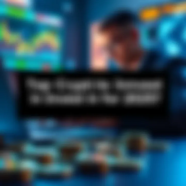 A person analyzing cryptocurrency charts on a laptop with digital coins in the foreground