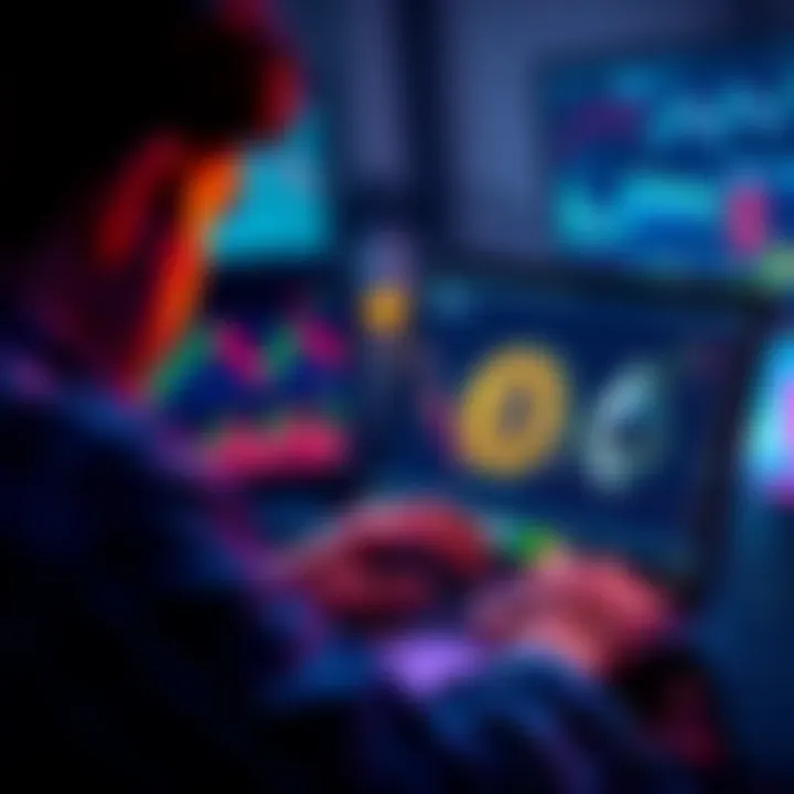 A person analyzing cryptocurrency trends on a laptop, with images of Bitcoin and Ethereum on the screen, contemplating investment choices.