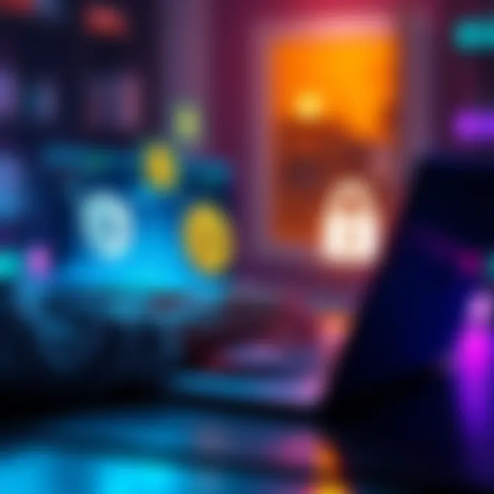 A person using a laptop with cryptocurrency symbols and a lock symbol representing privacy concerns