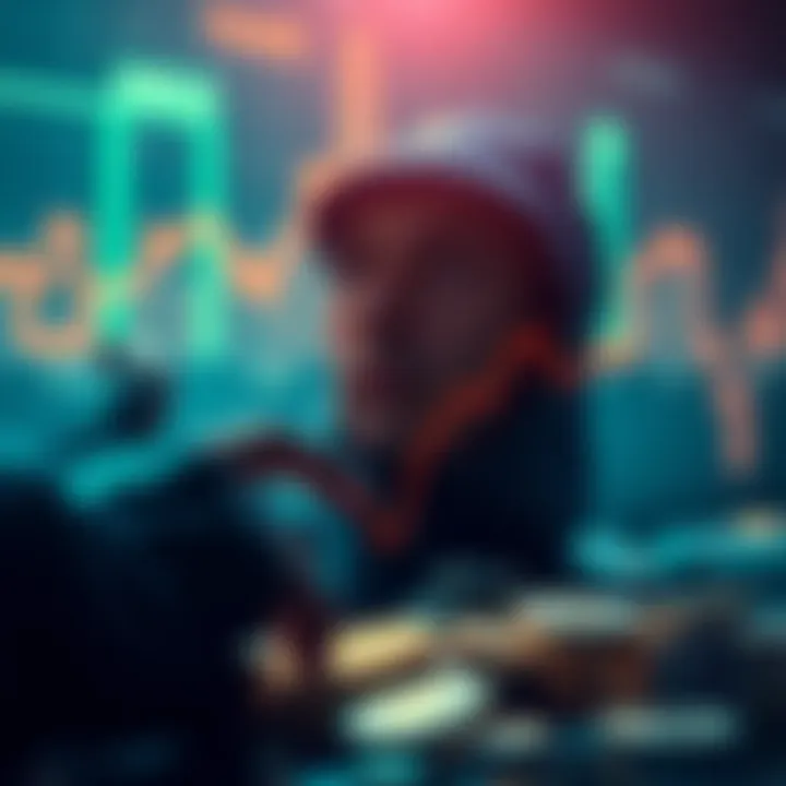 A person looking at a stagnant graph representing cryptocurrency growth over ten years, with digital coins scattered around.