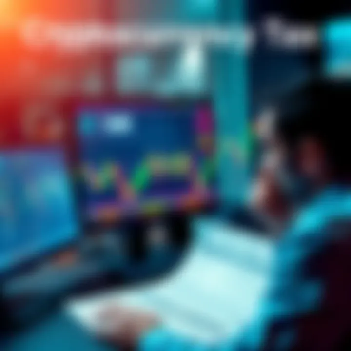 A worried investor looking at a computer screen displaying falling cryptocurrency values alongside a tax form symbolizing the proposed tax on unrealized gains.