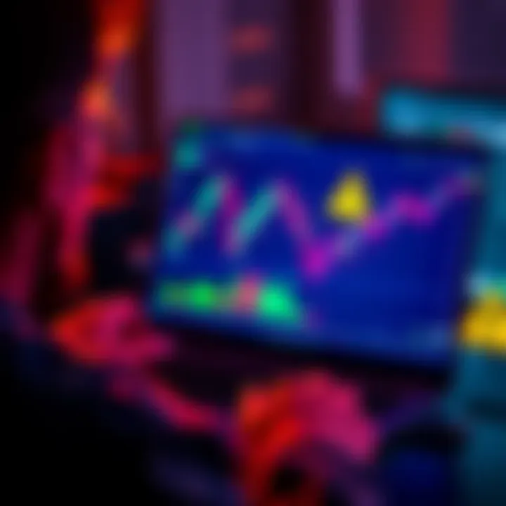 A person looking at cryptocurrency charts on a laptop with warning symbols around